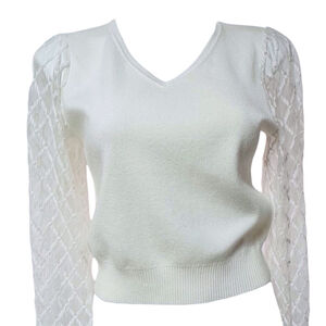 Gracia White Sweater with Sheer Lace Puff Sleeves Elegant V-Neck Pullover